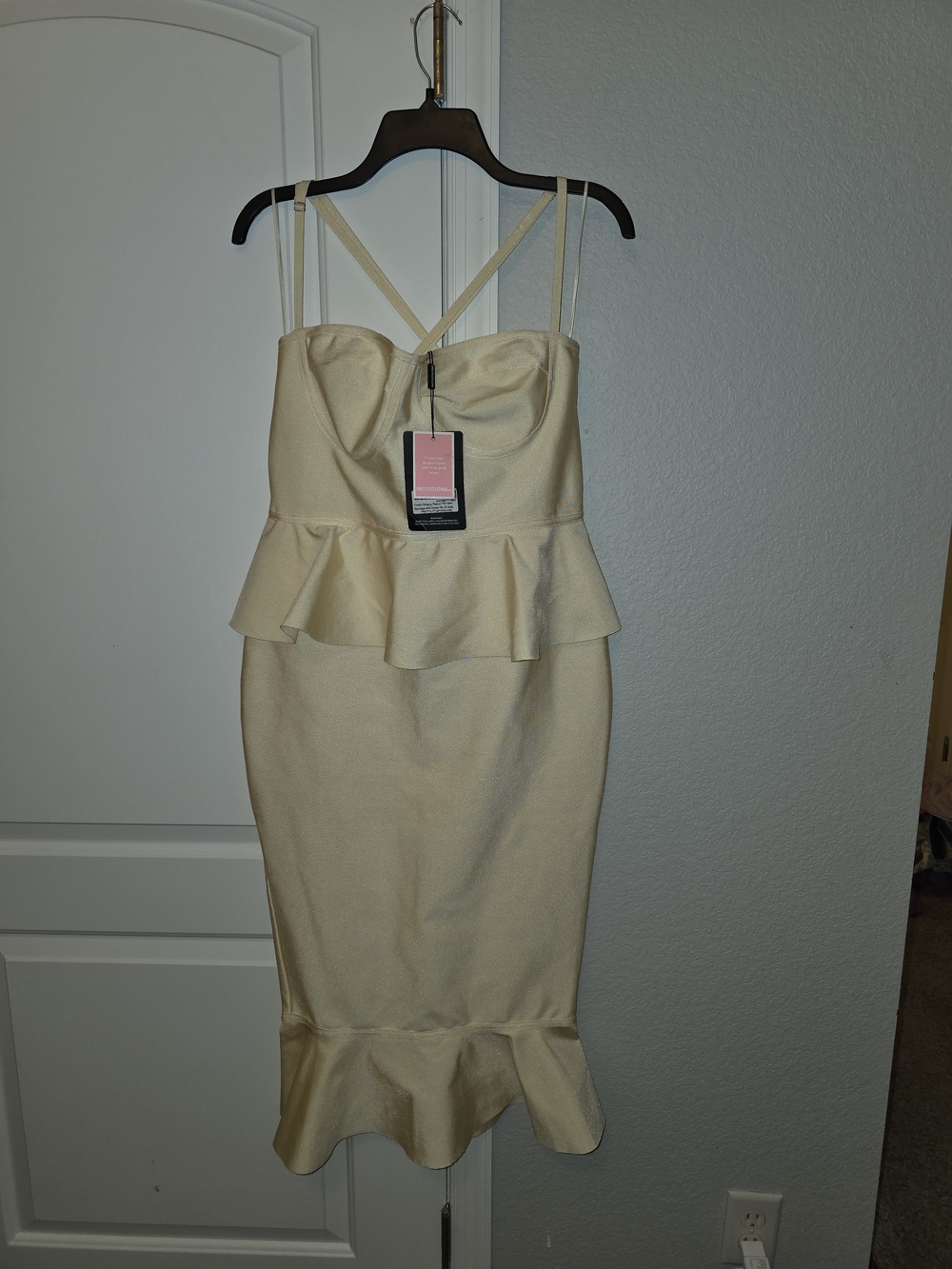 PrettyLittleThing Cream Peplum Midi Dress with Strappy Back